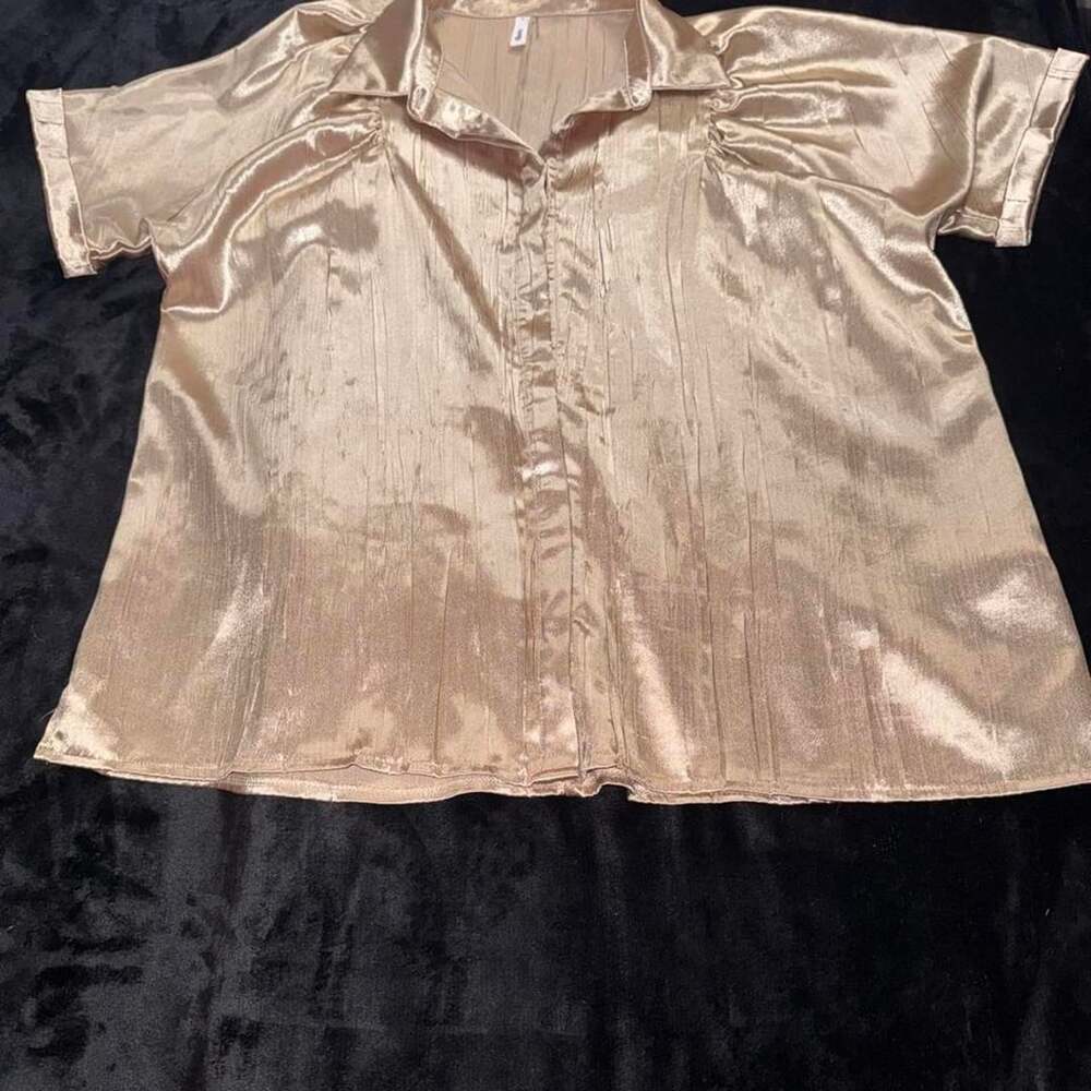 Glam Gold Satin Button Down Short Sleeve Blouse Style GT6524